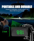 HD Car Heads Up Display With Large Font USB Plug And Play Digital Speedometer showing speed and measurements inside car at night