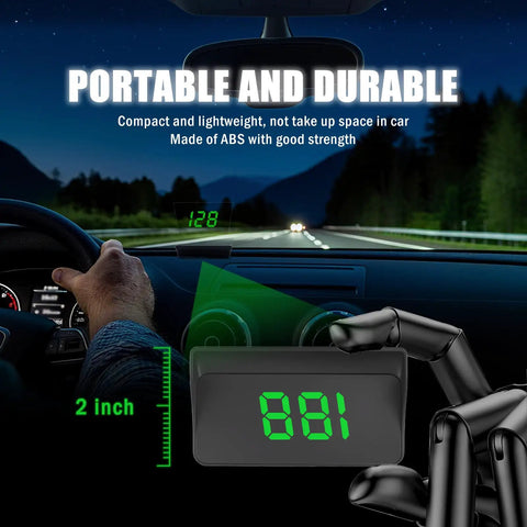 HD Car Heads Up Display With Large Font USB Plug And Play Digital Speedometer showing speed and measurements inside car at night