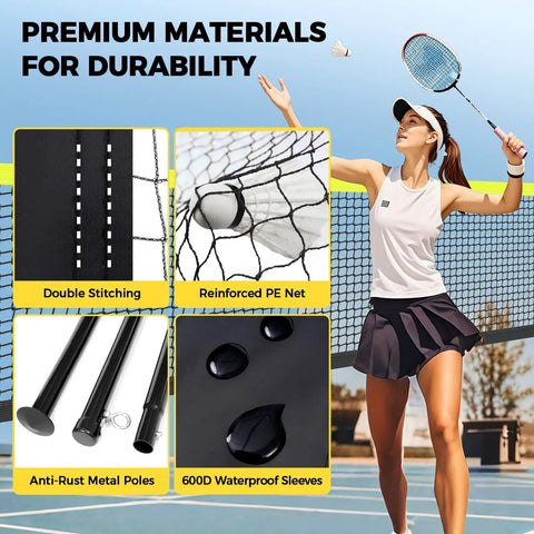 Outdoor Badminton Net Set With Anti Sag Winch System For Tournament Tightness Official Size Twenty Feet By Five Feet Includes Four Rackets Three Shuttlecocks Durable PE Net And Carry Bag For Backyard Beach And Family Games Yellow, featuring reinforced PE net and premium materials.