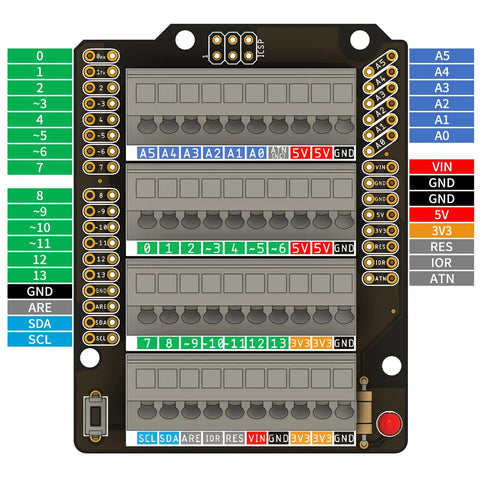 Arduino Uno R3 Compatible Terminal Block Shield Kit with push in spring connectors, top view showing labeling and connectors.
