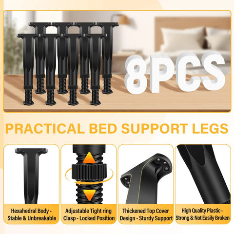 Eight Piece Adjustable Bed Frame Support Legs Twist Base From 7.8 To 14.6 Inches With Mounting Screws display on a surface, showcasing design.