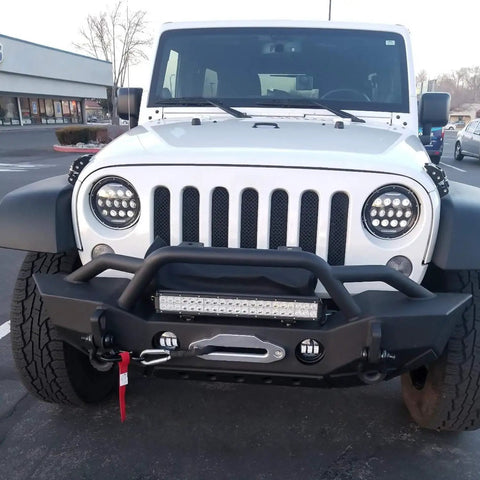Front view of white Jeep with mounted 20 Inch 126W Spot Flood Combo LED Light Bar For Off Road Trucks Boats And More With Beefed Up Heat Dissipation And Day Night Clarity, Wide Flood And Long Spot Beam For Clear Night Driving, Dual Purpose Work Light, 2 Years Warranty.