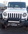 Front view of Jeep with 20 Inch LED Light Bar 126W Off Road Spotlight Flood Combo For 12V Rigs With 5 Pin Rocker Switch Wiring Harness Kit Model ZH082 Clear Lens 2 Year Warranty.