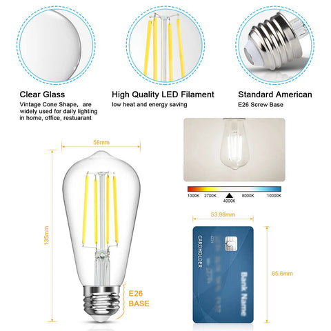 Antique Vintage LED Light Bulbs ST58 Edison Style 60W Equivalent Daylight 4000K E26 Medium Base Non Dimmable CRI 80 Plus