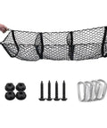 Multi Compartment Truck Bed Cargo Net For Tesla Cybertruck 2024 shown with hooks and screws for secure installation.