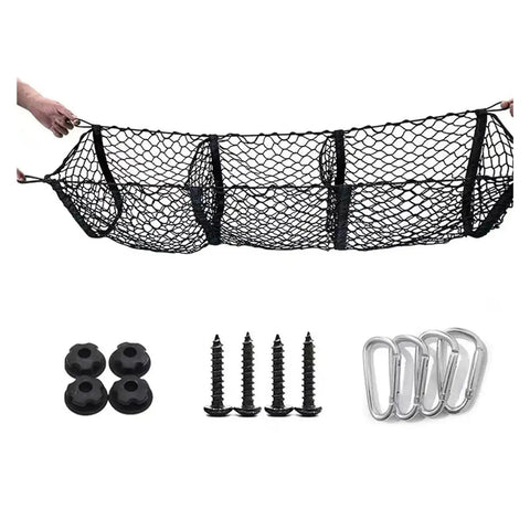 Multi Compartment Truck Bed Cargo Net For Tesla Cybertruck 2024 shown with hooks and screws for secure installation.