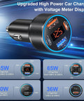 Quad Port Usb C Car Charger With Digital Voltage Gauge And Pd Fast Charge Tech For All Phones And Tablets Road Trip Ready Slick Black Finish, showing USB outlets and voltage display.