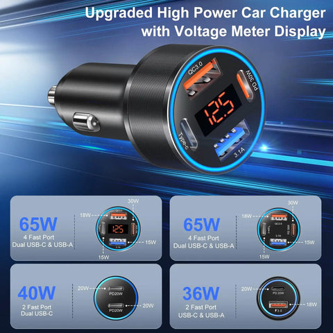 Quad Port Usb C Car Charger With Digital Voltage Gauge And Pd Fast Charge Tech For All Phones And Tablets Road Trip Ready Slick Black Finish, showing USB outlets and voltage display.