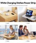 Must Have Travel Power Strip With Three Outlets And Three USB Ports Including One USB C Cruise Approved Short Three Foot Extension Cord For Hotels Cruises Home Or Office Compact White during various uses at a hotel, on a cruise, at home, and in an office setting.