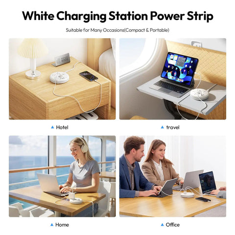 Must Have Travel Power Strip With Three Outlets And Three USB Ports Including One USB C Cruise Approved Short Three Foot Extension Cord For Hotels Cruises Home Or Office Compact White during various uses at a hotel, on a cruise, at home, and in an office setting.