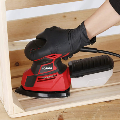 Person using Powerful Hand Sander For Woodworking, 14,000 OPM Detail Sander With Vacuum Dust Box, 12 Sandpapers Included on wood
