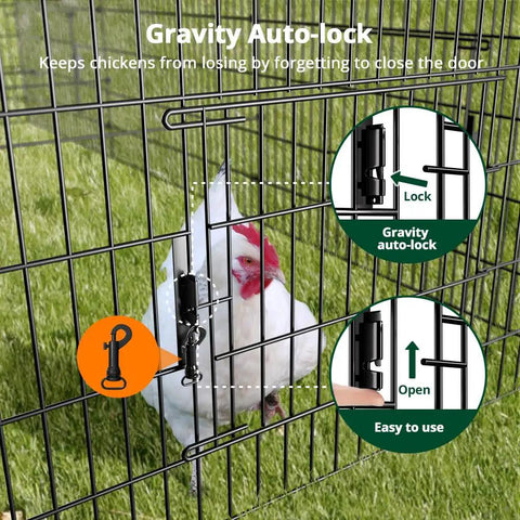 Weatherproof Outdoor Chicken Coop With Heavy Duty Cover, Portable Metal Run Pen enclosure showing gravity auto-lock feature