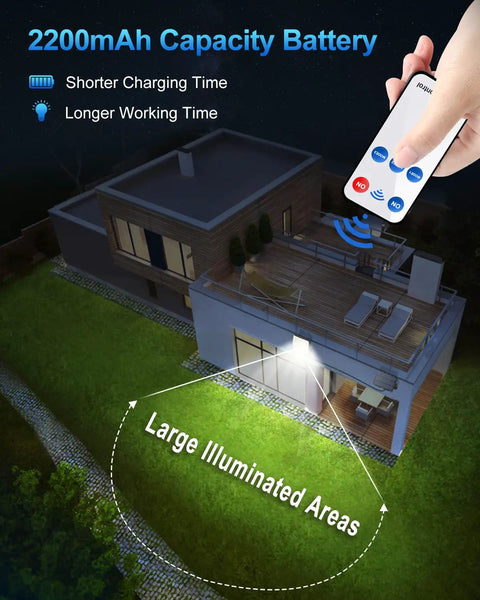 2 Pack Outdoor Solar Motion Lights With Remote illuminating large yard area at night, showcasing remote control use and 2200mAh battery power.