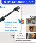 Comparison of matte black stainless steel hook and eye latch with iron latch, highlighting strength and durability.