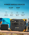 Portable Power Station 3072Wh With 3600W Peak, Expandable To 18.43kWh, shown charging devices at a campsite with blue tent.