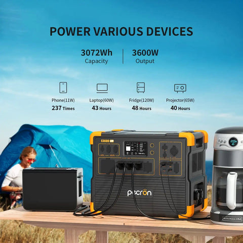 Portable Power Station 3072Wh With 3600W Peak, Expandable To 18.43kWh, shown charging devices at a campsite with blue tent.