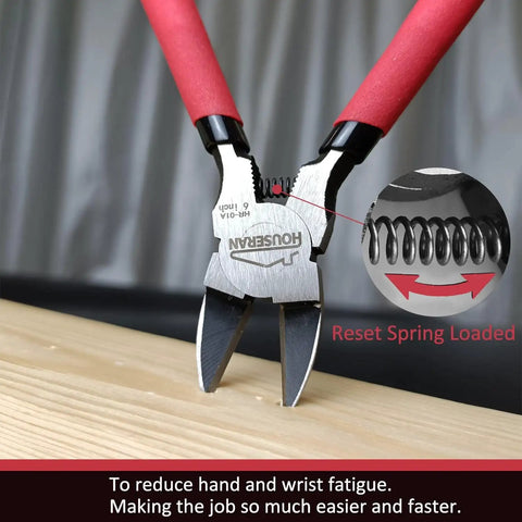 Close-up of 6 Inch Wire Cutter Set 2 Pack Flush Cut Pliers with Spring Loaded Handles and Non Slip Red Grips in action on wood.