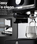 Top Shelf 20 Bar Espresso Maker With Built In Coffee Grinder And Pro Steam Frother For Cafe Quality Shots Featuring 30 Precision Grind Settings And Durable Stainless Steel Black Finish showing removable water tank and drip tray.