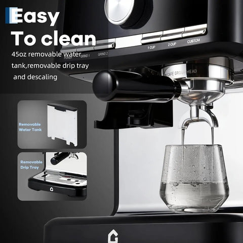 Top Shelf 20 Bar Espresso Maker With Built In Coffee Grinder And Pro Steam Frother For Cafe Quality Shots Featuring 30 Precision Grind Settings And Durable Stainless Steel Black Finish showing removable water tank and drip tray.