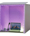 Portable Desktop Vocal Booth Box And Microphone Isolation Shield With Thick Acoustic Foam For Dope Podcast Vocals, featuring a purple sound-dampening interior.
