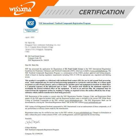 Certification letter for Wissxna Food Grade Silicone Grease highlighting NSF approval for sanitary machines.