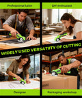 Heavy Duty Cordless Electric Scissors With Led Light And Safety Lock in use by professionals cutting fabric, paper, and cardboard.