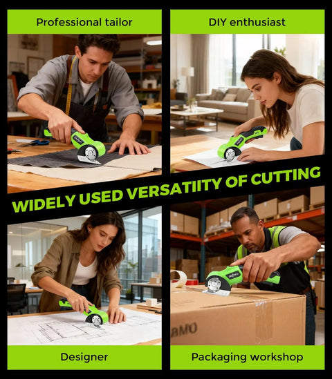 Heavy Duty Cordless Electric Scissors With Led Light And Safety Lock in use by professionals cutting fabric, paper, and cardboard.