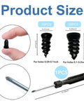 Fast Fix Tire Plug Kit With 61 Screw In Plugs And Screwdriver For Cars, Motorcycles, Trucks, And Farm Equipment Self Service Tire Repair In Seconds No Jack Needed No Glue Required product size details showing plug dimensions and screwdriver.