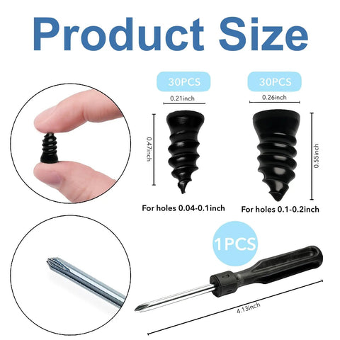 Fast Fix Tire Plug Kit With 61 Screw In Plugs And Screwdriver For Cars, Motorcycles, Trucks, And Farm Equipment Self Service Tire Repair In Seconds No Jack Needed No Glue Required product size details showing plug dimensions and screwdriver.
