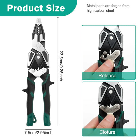 Solid Grip Multifunctional Wire Stripper And Crimper Pliers All In One Cable Cutter, showing size and high carbon steel material details.