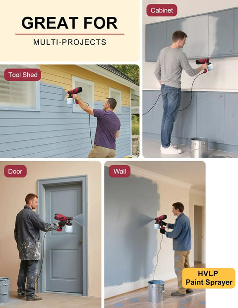 Electric Paint Sprayer With 3 Spray Patterns And 4 Brass Nozzles used on walls, doors, cabinets, and tool sheds.