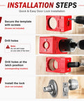 Installation steps for Heavy Duty Adjustable Aluminum Door Hinge Jig And Lock Installation Kit with red templates and tools