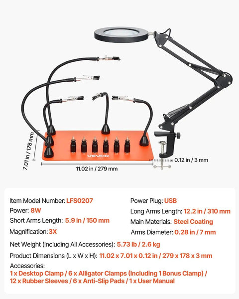 Magnetic Helping Hands Soldering Station 2 In 1 With 3X LED Magnifying Lamp, 5 Flexible Arms on heavy-duty base, front view.