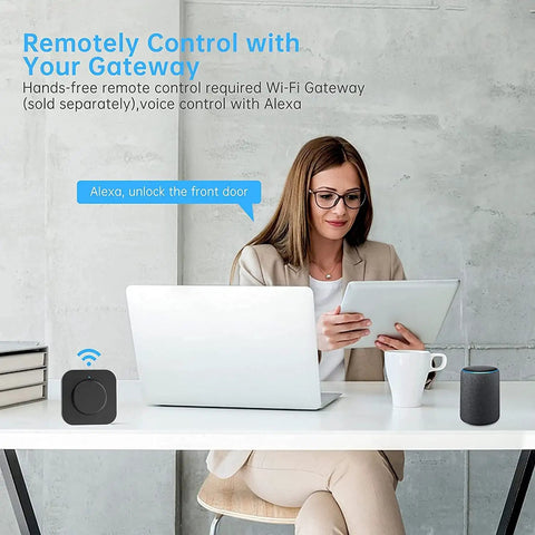 Woman using tablet to control Smart Door Lock With Fingerprint And Keypad, Bluetooth App Control, IC Cards, Code Access