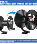 Heavy Duty Pressure Washer Hose Reel With 4000 PSI Rating, hand crank metal reel, shiny black update, side and front view