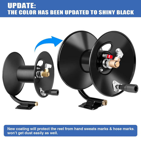 Heavy Duty Pressure Washer Hose Reel With 4000 PSI Rating, hand crank metal reel, shiny black update, side and front view
