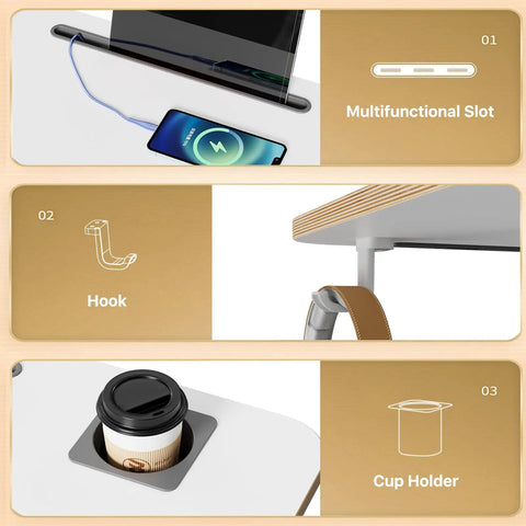 Mobile Standing Desk On Wheels For Home Office Adjustable Height Rolling Laptop Cart With Cup Holder 28 Inch Portable Table showing multifunctional slots, hooks, and cup holder.