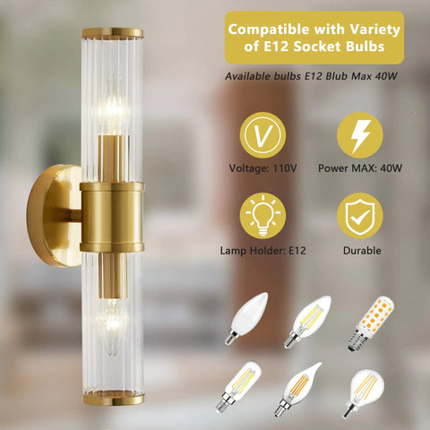 Golden Glass Shade Wall Sconce Lighting For Bathroom Vanity, Modern Gold Finish, E12 Socket, No Bulbs, Vertical View