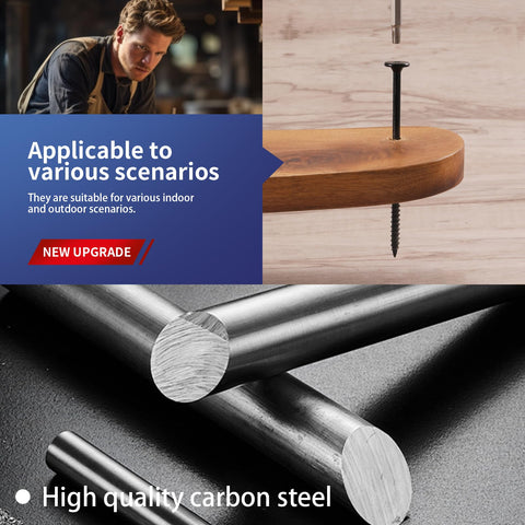 Heavy Duty 2 Inch Outdoor Structural Wood Deck Screws Size 14, 94 Pieces, Carbon Steel, Black, Flat Head shown with application scenario and steel rods