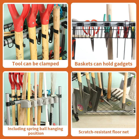 Rolling Garden Tool Organizer With Wheels Corner Storage Rack showing rakes, shovels, pruners, and clamps in wire baskets