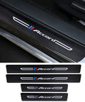 Four Piece Carbon Fiber Look And Textured Leather Door Sill Protectors For Daily Drivers Slick Black Front And Rear Threshold Guards on car door