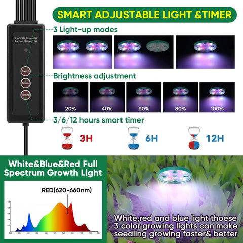 Three color growing light timer settings for Self Watering Seed Starter Tray Kit With Grow Light And Humidity Dome No Guesswork Watering
