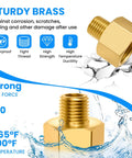 Brass Pipe Fitting Set Of Two One Quarter Inch NPT Male To One Half Inch NPT Female Reducer Adapters For Pipe Extensions Wet Environments Durable Brass Construction Easy Install on icy background