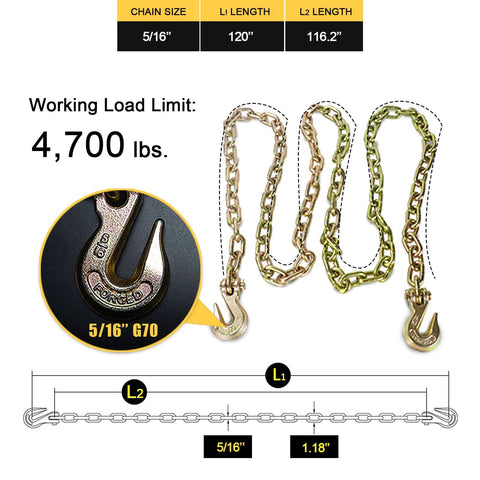 Image of Two Pack 5/16 To 3/8 Inch Ratchet Load Binders and 5/16 Inch G70 Transport Chains with grappling hooks, 4,700 lbs WLL