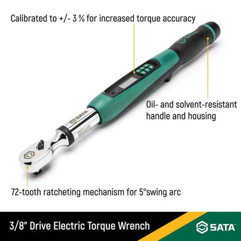 Three-Eighths Inch Drive Electric Torque Wrench With 10 to 100 Inch-Pounds Range showing handle and ratchet details.