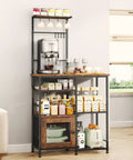 Espresso Coffee Bar Cabinet Organizer With Eight Hooks, Shelves And Door, large setup holding coffee machine and jars in kitchen
