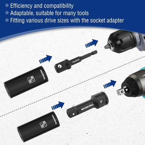 Half Inch Drive Deep Impact Socket Set with 6 Point Cr V Steel Sockets shown with adapters and tools for automotive maintenance.