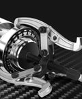 Close-up of the 4 Piece 3 Jaw Gear Puller Set For Gears Pulleys Bearings And Flywheels Fully Assembled Removal Tool in use