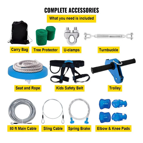Complete accessories for 60 To 80 Foot Backyard Zip Line Kit With Swing Seat And Steel Trolley, Spring Brake System shown