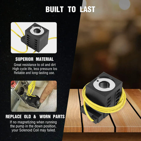 10V DC 25W Solenoid Coil With Single Lead Wire For Dump Trailers And Hydraulic Power Units with yellow wire on wood
